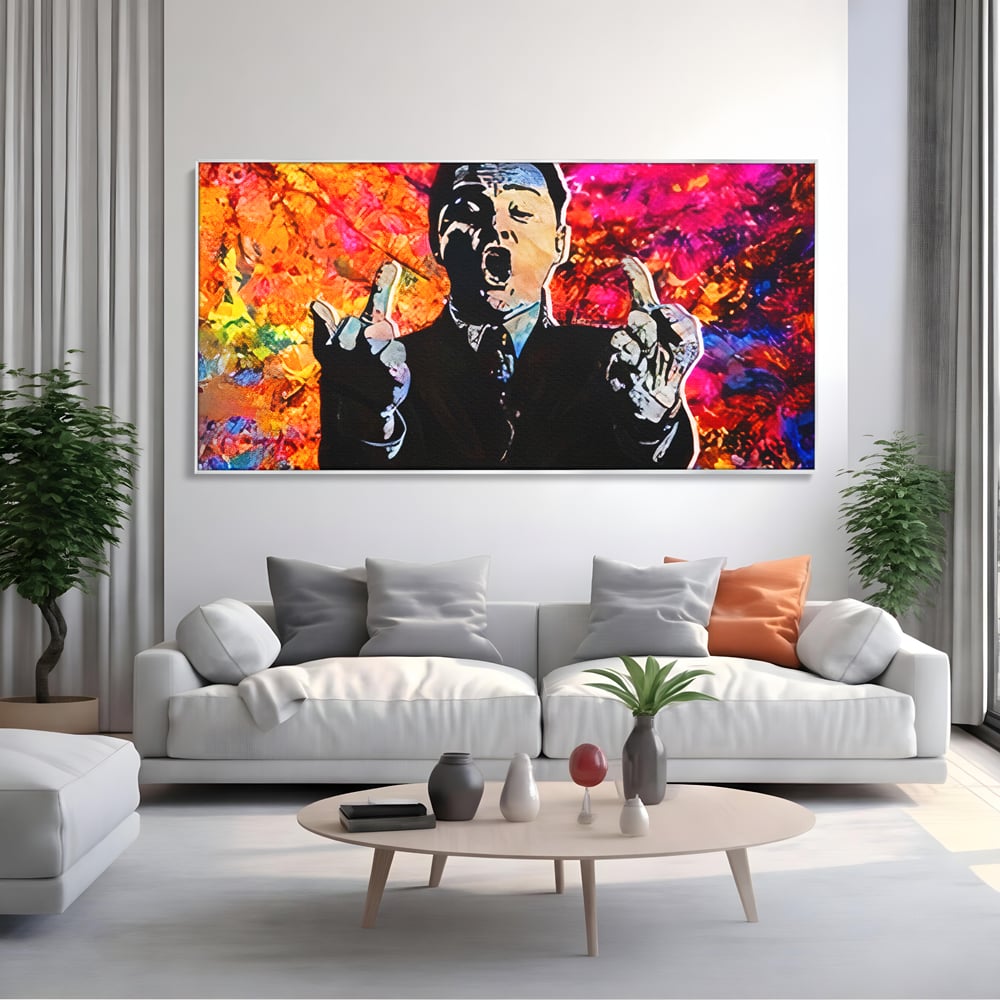 Tablou canvas cu tablou canvas cu leonardo dicaprio pop art, in rama de aluminiu argintiu, pe perete intr-un living